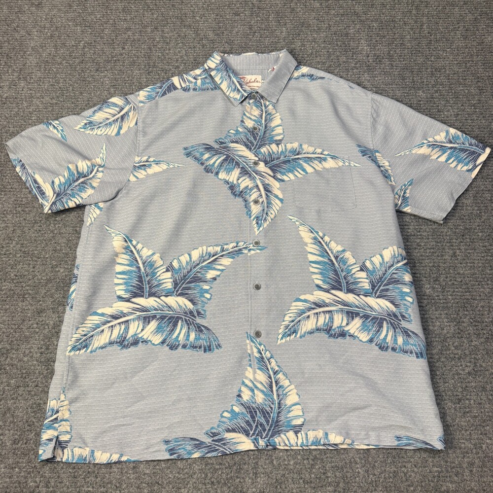 Kahala Hawaiian Shirt Mens XL Blue Palm Leaf Rayon Short Sleeve Button Up Aloha